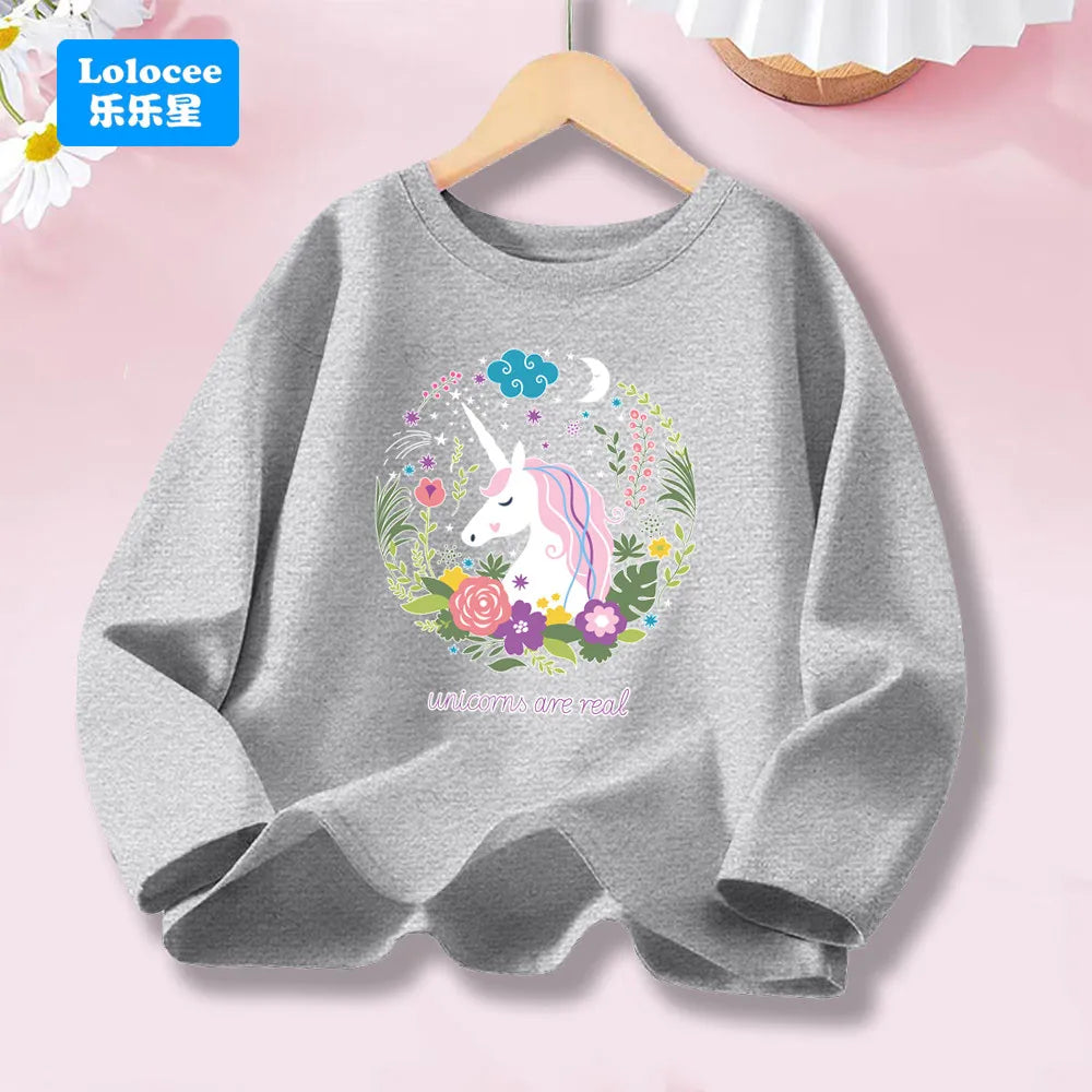 Girls Spring Autumn 8 colors Long Sleeve T-shirt Kids Floral Unicorn Graphic Tops Tee For Kids 3-14years DJSHH1