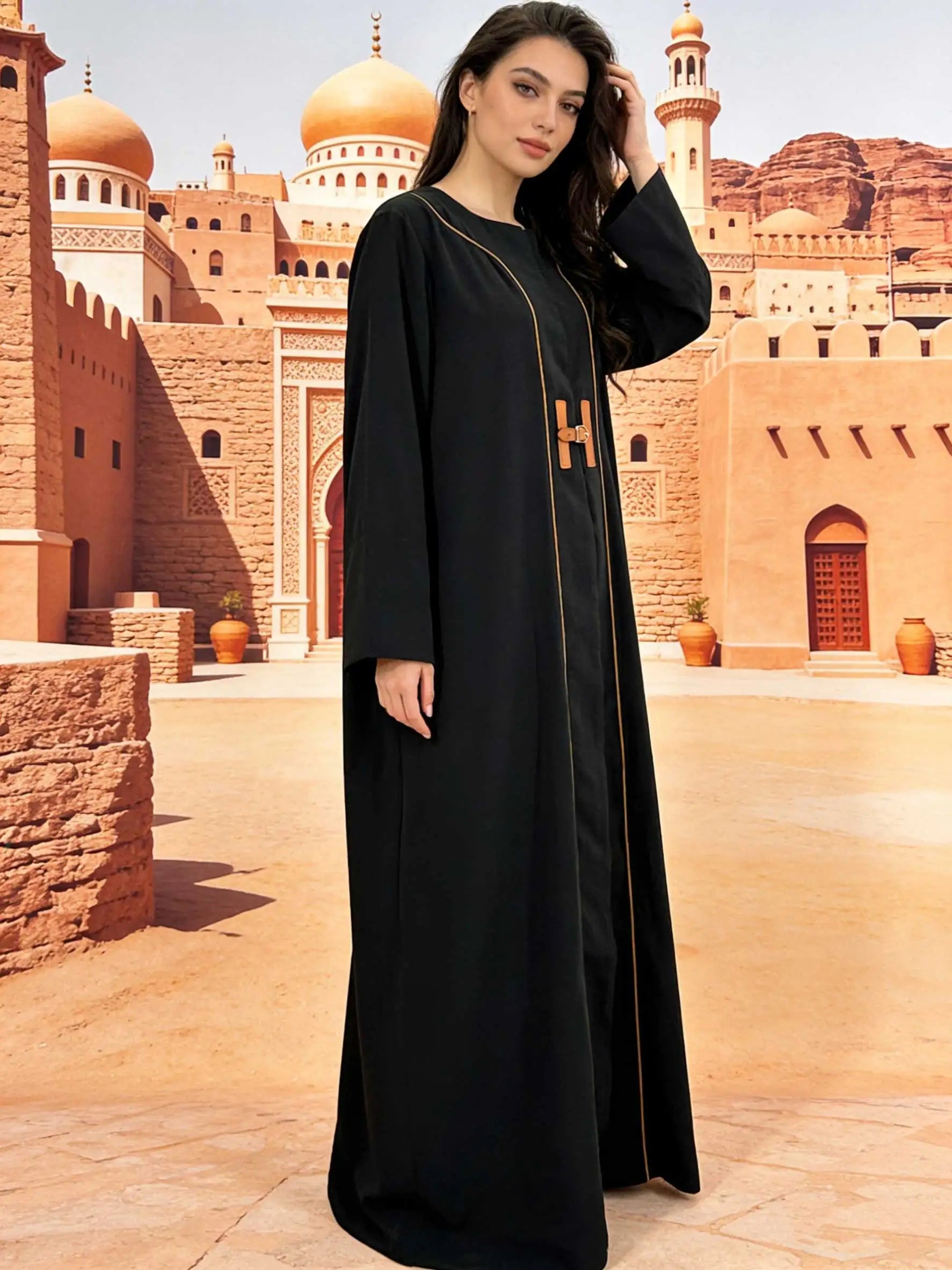 Chic Black Abaya Leather Buckle Detail Long Sleeve Maxi Dress Women Muslim Moroccan Kaftan Ramadan Islam Dubai Arabic Robes 2026