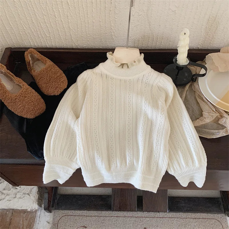 Girls Sweater Autumn Winter Rabbit Velvet Lace Bubble Sleeves Knitted Wool Soft Comfortable Sweet and Cute Daily Temperament