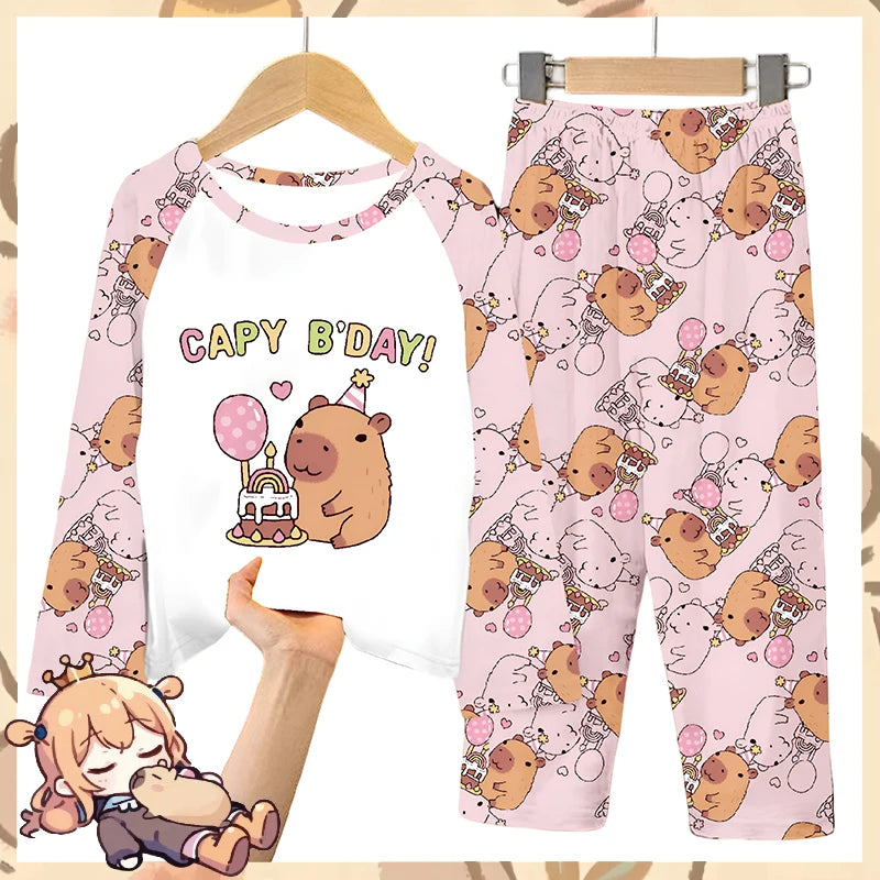 2pcs Capybara Printed Pajama Set for Kids, Soft Long Sleeve Top & Pants, Round Neck, Capibara Home Wear Set for Boys and Girls