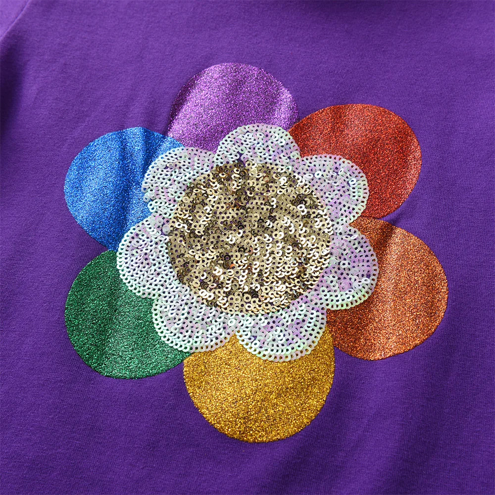 Girls Purple Long Sleeve Tops Kids Rainbow Striped Sleeves Cotton Casual Soft Cozy T Shirt Girls Flower Sequined Colorful Tees