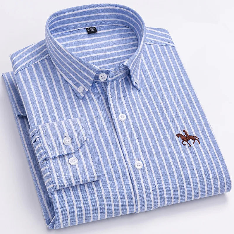 Basic Oxford Dress Shirt For Men Long Sleeve 100% Pure Cotton Solid  Casual Plaid Striped Social Business Male Regular-Fit S-6XL