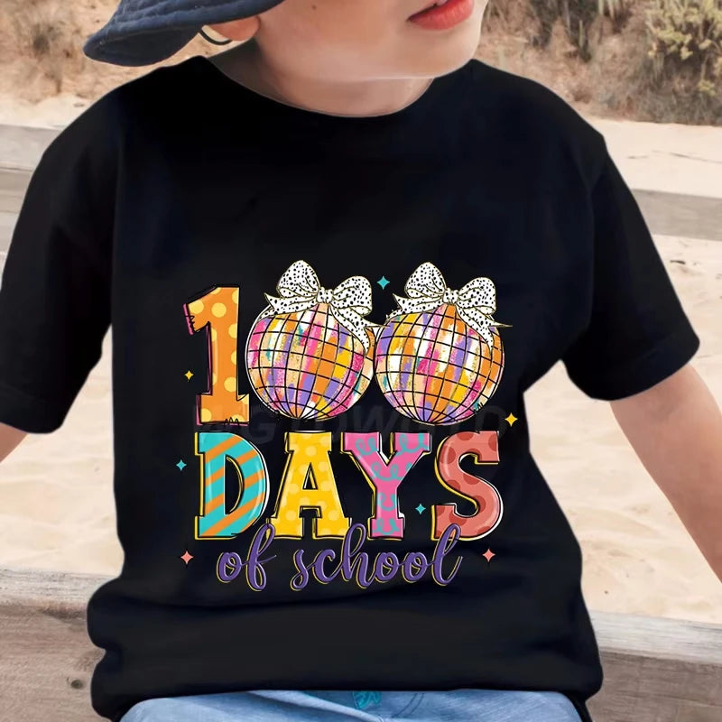 New Girls T Shirt Glitter 100 Days Shirt Children Clothes Girl Disco Ball 100 Days Of School Fashion T-Shirt Retro School Tee