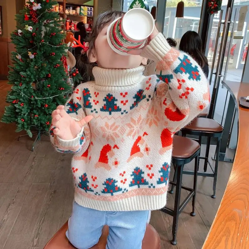 Girls' High Neck Sweater Thickened Autumn and Winter New Fashionable Christmas Pattern Girls' Knitted Sweater Sweet and Cute