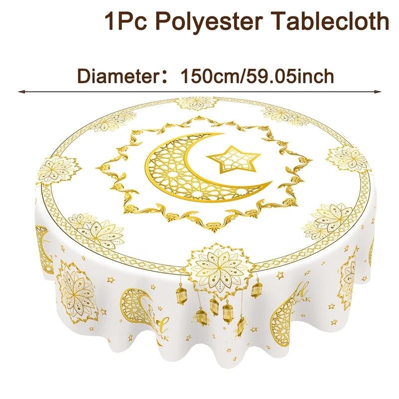 Ramadan Kareem Eid mubarak Polyester Round Tablecloth Ramadan Decor For Home 2026 Islamic Muslim Party Supplies EID Al Adha