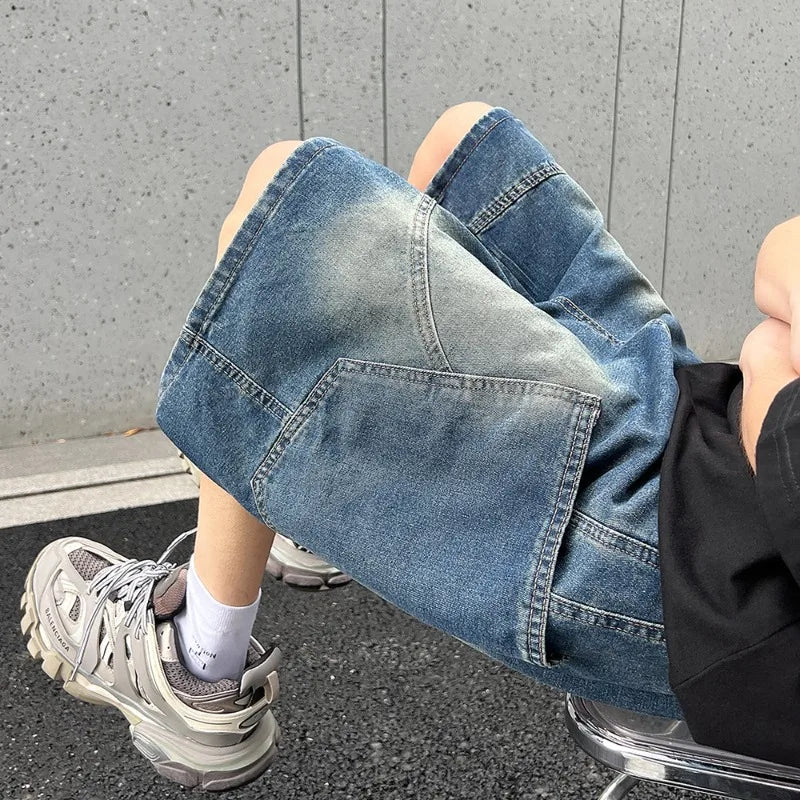 Summer New Baggy Denim Shorts Fashion Casual Straight Harajuku Jeans Male Vintage Wash Drawstring Short Pants Streetwear