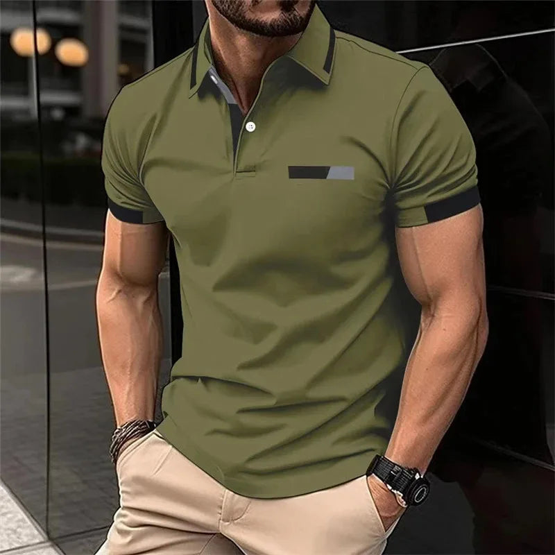Men's fitness casual sports T-shirt, gym running sports elastic short-sleeved Polo shirt, lapel top, men's tight T-shirt