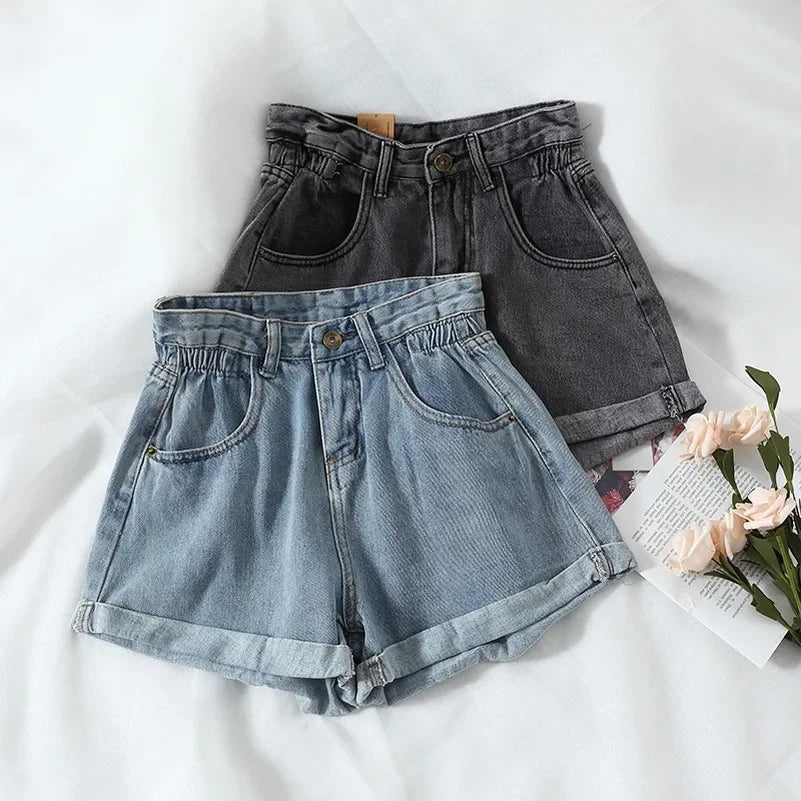 ZMZBCH Summer High Waist Denim Shorts Women Casual Loose Ladies Fashion Plus Size Elastic Waist Wide Leg Short Jeans Female