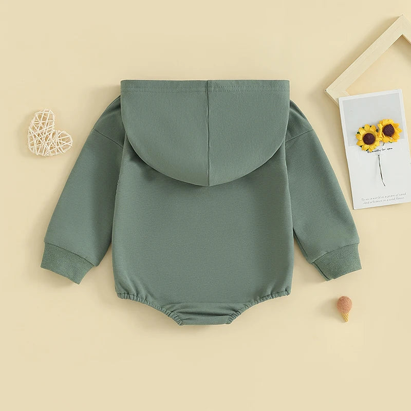 0-24months Baby Hooded Romper Long Sleeve Front Pocket Solid Color Bodysuit For Newborn Boys And Girls Spring Autumn Playsuit
