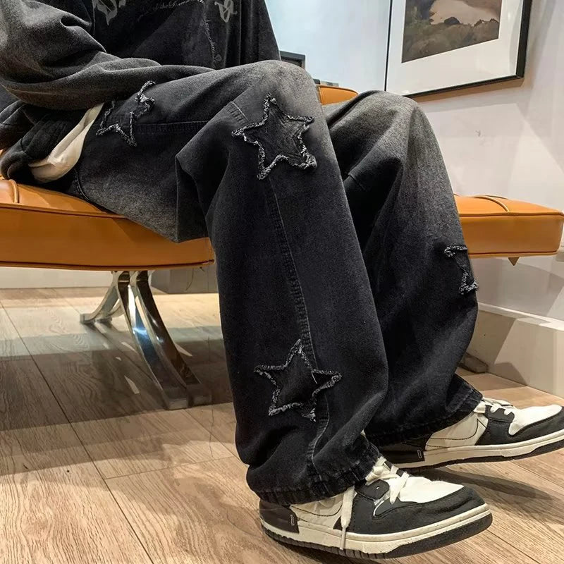 Stars Patchwork Men Jeans New Fashion Y2K Tassel Pants Korea Clothes Straight Hip Hop Splicing Trousers Male Streetwear