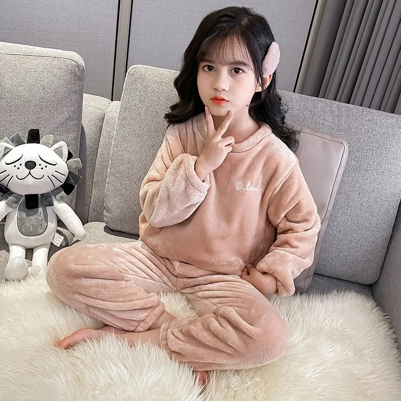2pcs Boy Girl Kids Fall Winter Sleepwear Toddler Children Baby Coral Fleece Warm Sweatshirt Pant Set Flannel Pajama Pullover Top