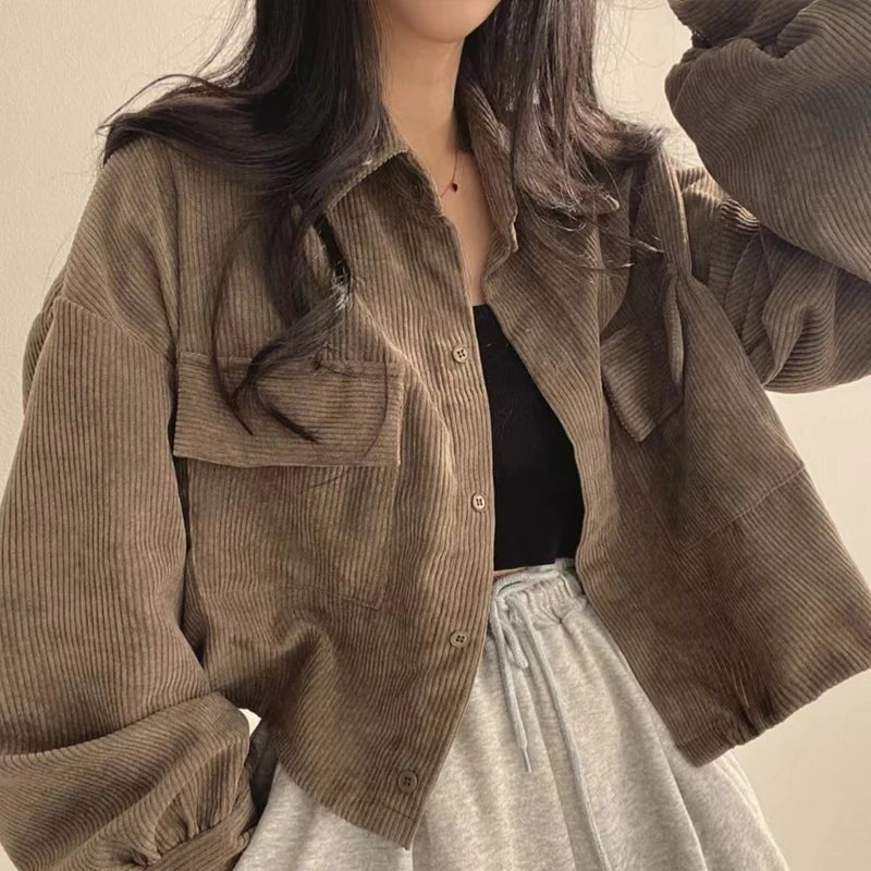 Autumn Retro Versatile Single Breasted Turndown Collar Long Sleeved Jacket for Women Coffee Casual with Pockets Loose Coat