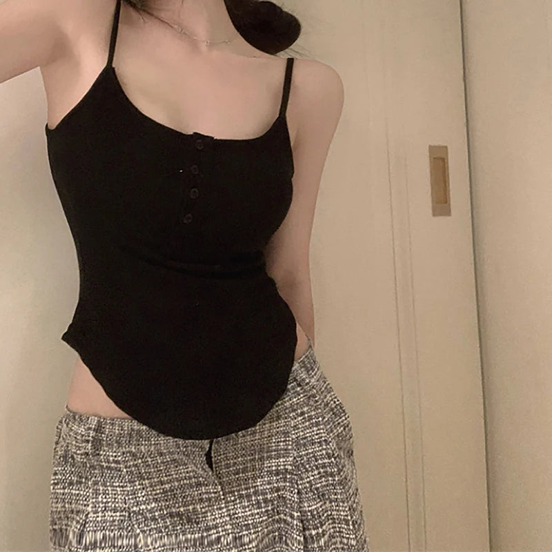 1pcs Summer Solid Color Button Irregular Camisole Hotsweet Women Sleeveless Slim Tank Top