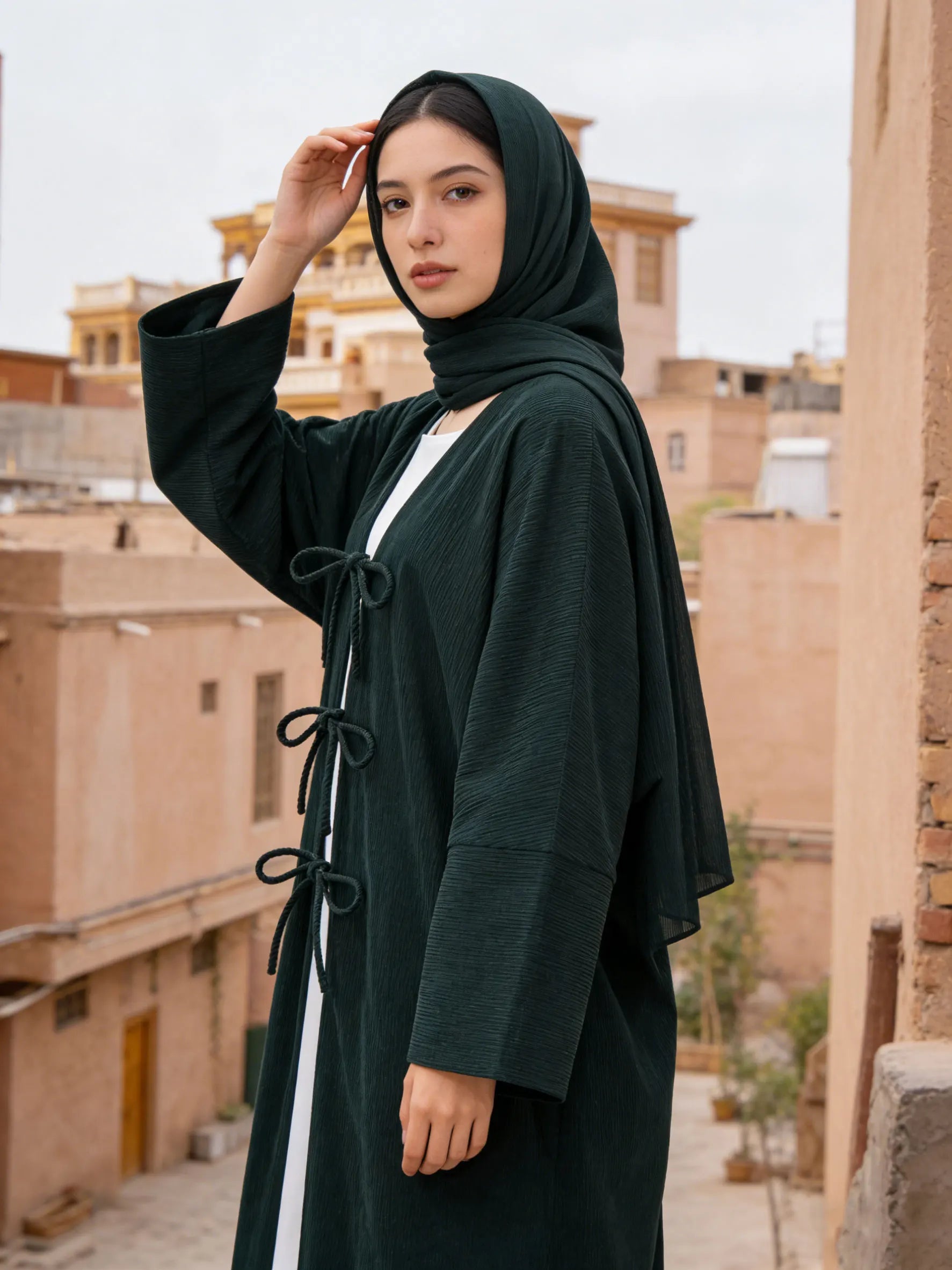 Hot sell Elegant Belted Corduroy Dark Green Abaya Cardigan Women Muslim Modest Outerwear Ramadan Abaya Islam Dubai Arabic Tops