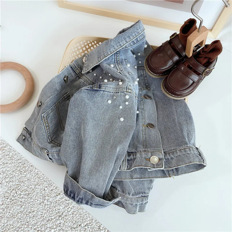 3-10 year old girl denim jacket 2025 new children's pearl long sleeved denim jacket baby Korean version personalized fashioncoat