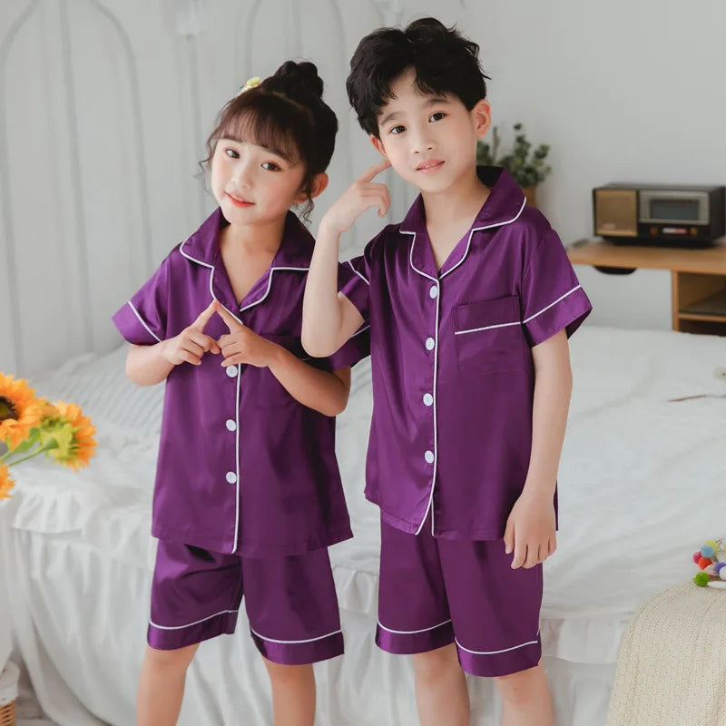 Satin Silk Pajama Set for Kids Boys Girl Long SLeeved Pijamas Children Silky Loungewear Teen Girl Pjs 2 to 4 6 8 10 12 14 Years