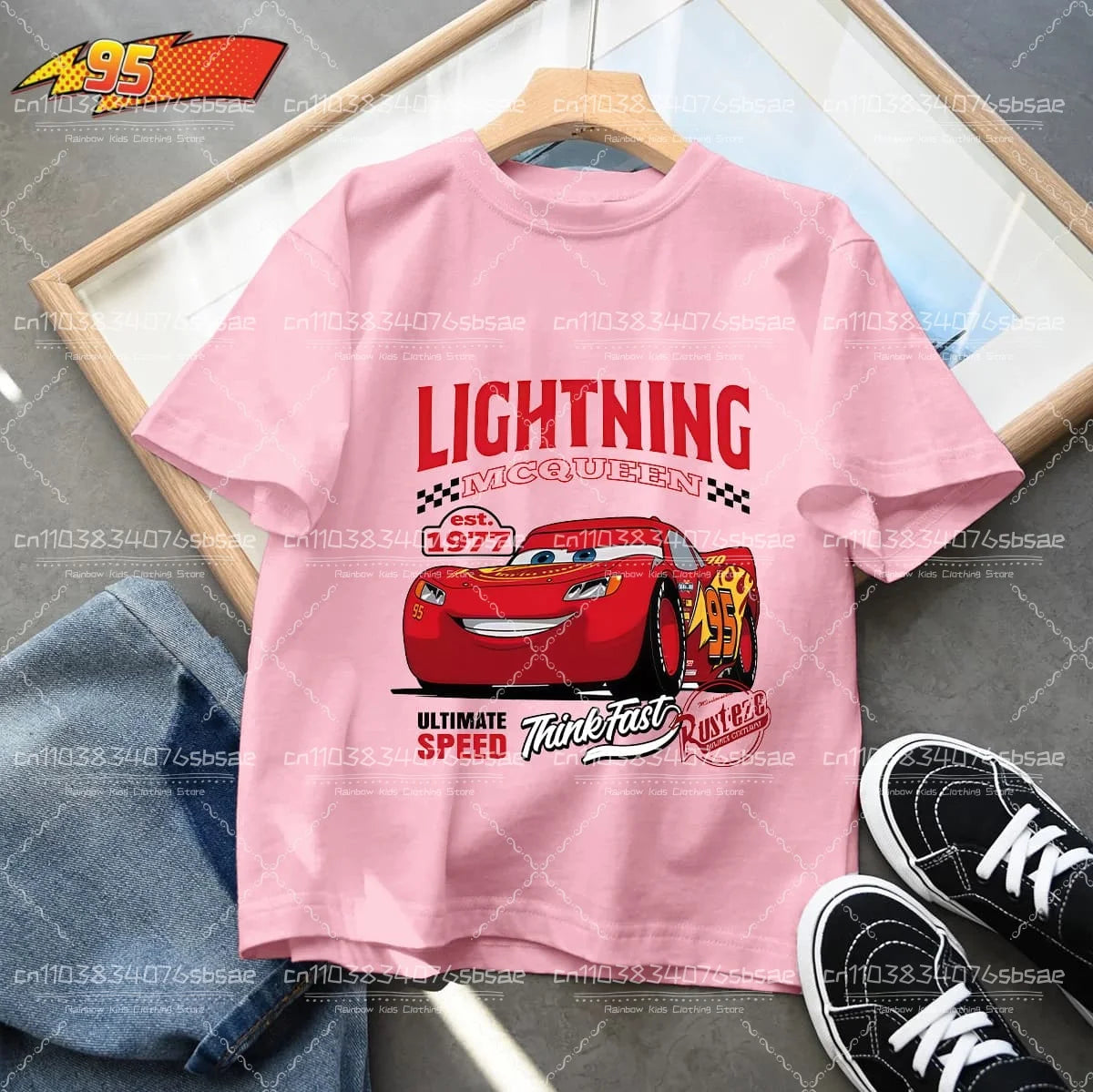2025 Disney Summer Kids T-shirt Short Sleeve Top Cartoon Cars Pixar Lightning McQueen Printed Boys Clothes Baby Tops 4-10 Years