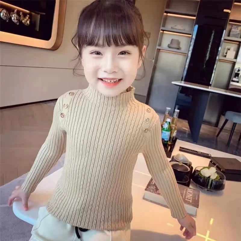 Girls Sweater Winter Decorative Buttons High Neck Solid Color Bottom Shirt Multicolour Children High Elasticity Knit Pullover