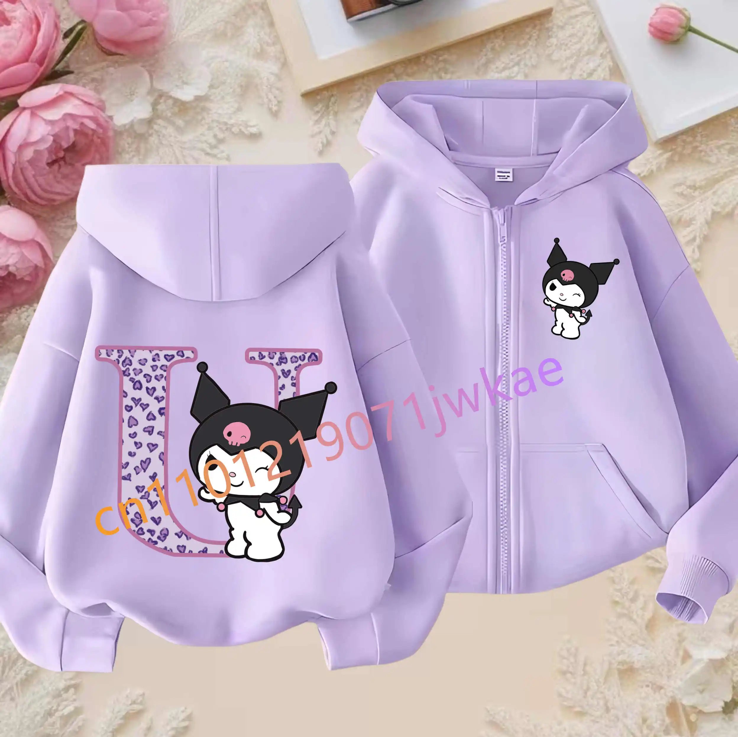 Kuromi Jacket ‌Princess Coat Cartoon Letter A-Z Sanrios Kids Hooded Sweatshirt Cute Tops Outerwear Girl Clothes Birthday Gift