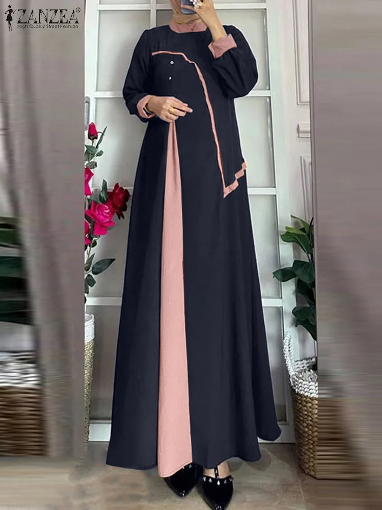 ZANZEA Women Vintage Patchwork Dress Robe Femme Islamic Clothing Ramadan Maxi Vestido Casual Long Sleeve Abaya Muslim Sundress