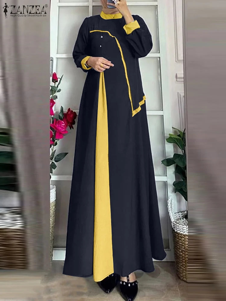 ZANZEA Women Vintage Patchwork Dress Robe Femme Islamic Clothing Ramadan Maxi Vestido Casual Long Sleeve Abaya Muslim Sundress