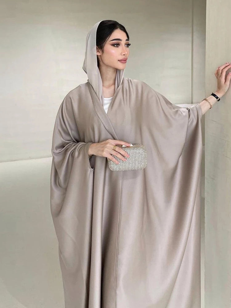 Middle Eastern Muslim Robe Fashion Soft Light Satin Bat Sleeves Long sleeved Coat Women's Arabic Robe