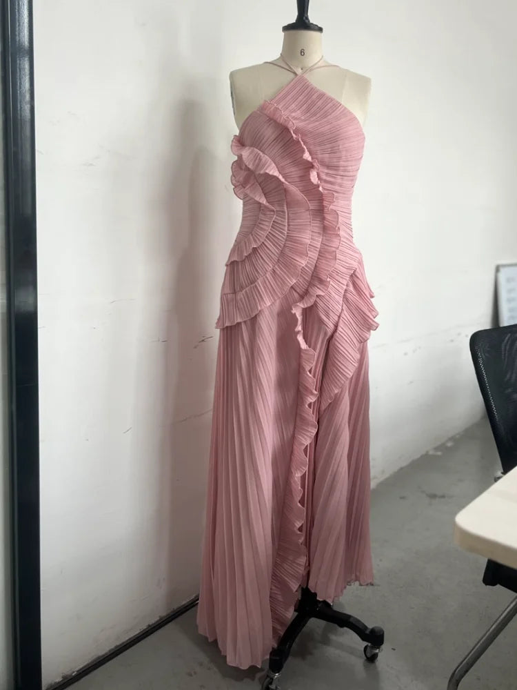 Chic Irregular Chiffon Halter Neck Maxi Dress Lotus Edge High Quality Vacation Gown 2025 New Lady Party Fashion Dresses