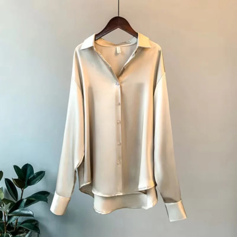 Spring Satin Button-Up Blouse for Women