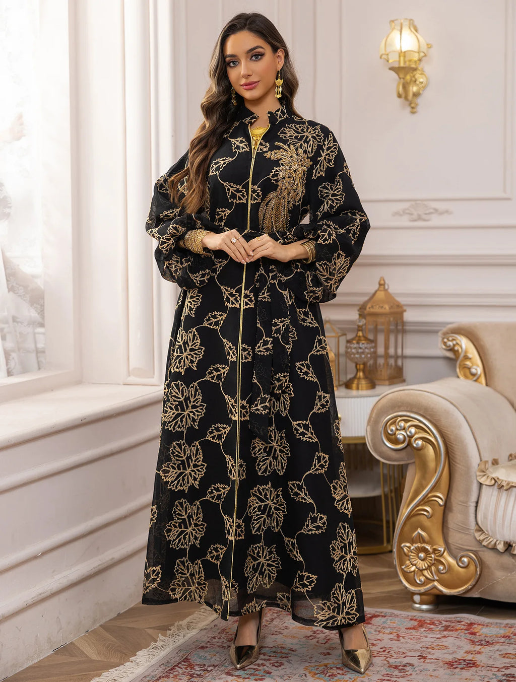 2025 Luxury Muslim Abaya White Base Gold Floral Embroidered Long Dress with Belted Waist Elegant Modest Islam Formal Wear  Dubai