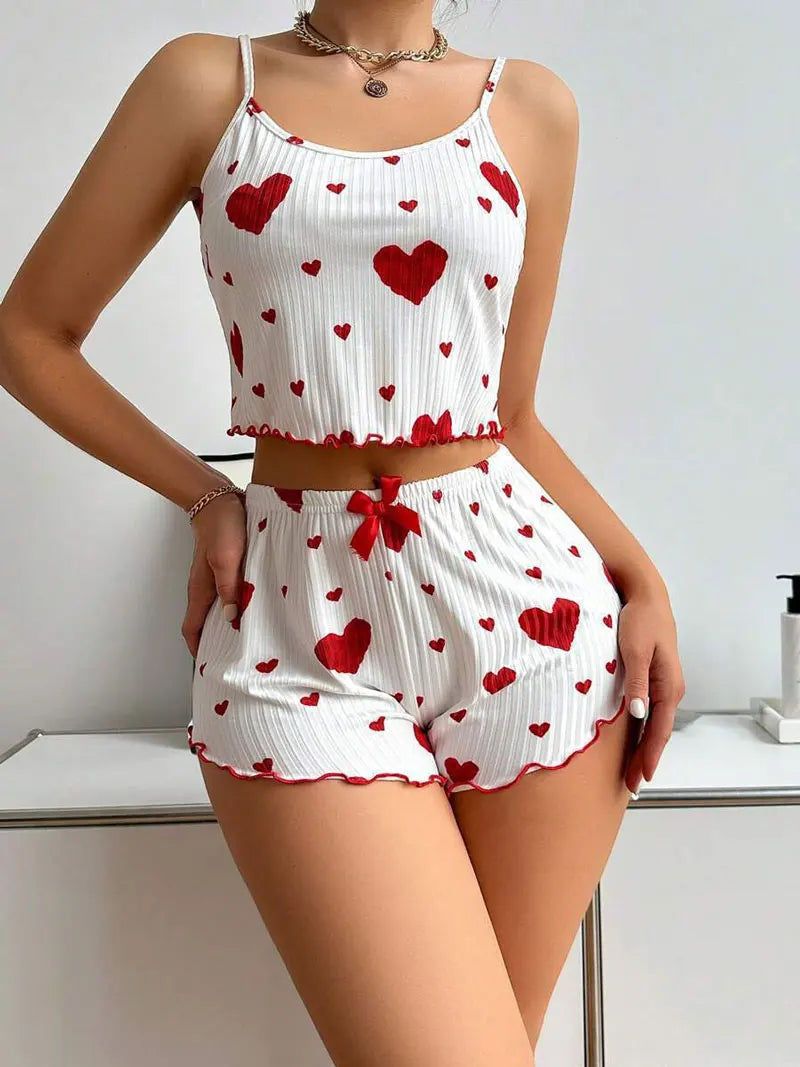2 Pieces Set Women'S Pajama Shorts Suit home wear Print Underwear Pajama Sexy Lingerie