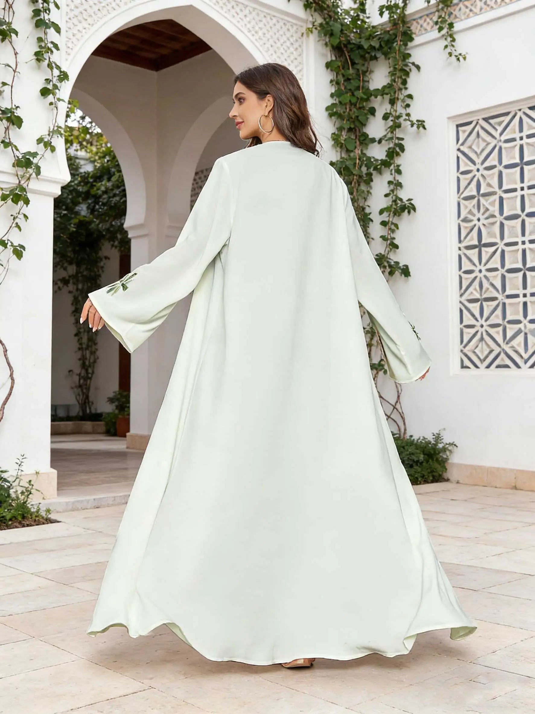 Elegant Abaya Palm Tree Embroidered Sleeves Open-Front Design Women Muslim Turkish Kaftan Ramadan Islam Qatar Arabic Gowns 2026