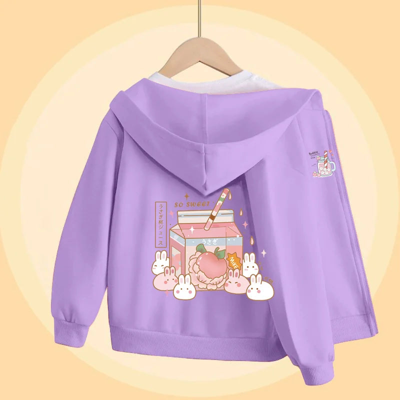 Girls Bubble Tea Cartoon Sweater Autumn Long Sleeved Coats with Zipper Pink Cute Hoodies 5-14T