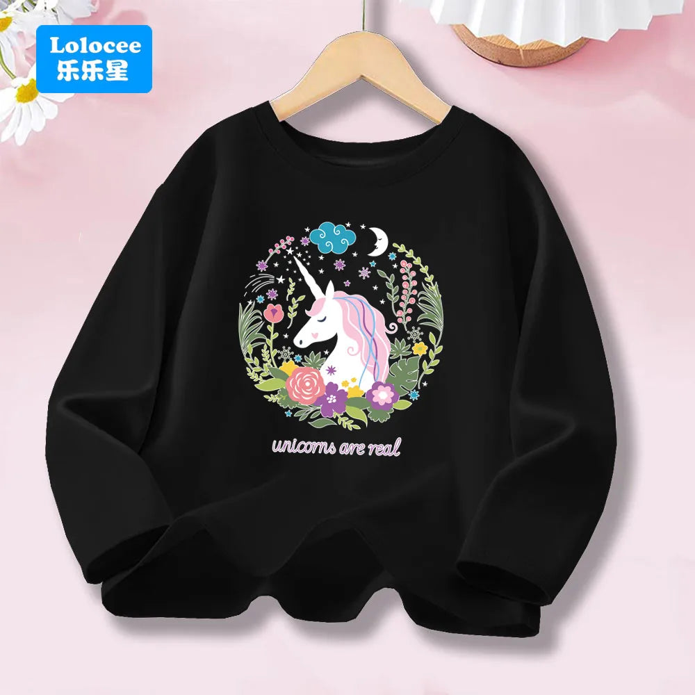 Girls Spring Autumn 8 colors Long Sleeve T-shirt Kids Floral Unicorn Graphic Tops Tee For Kids 3-14years DJSHH1