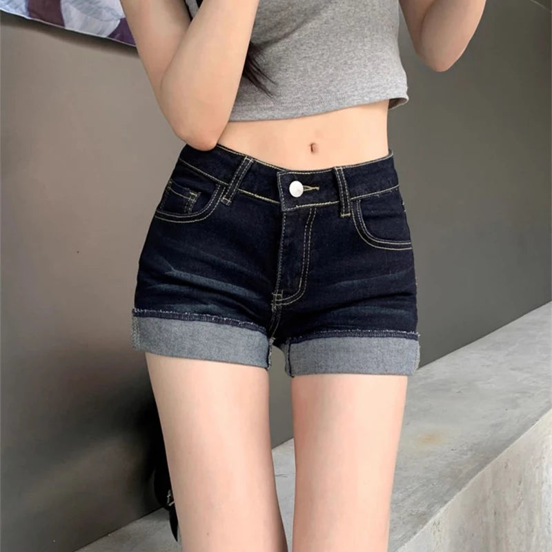 Retro Roll Up Hem Washed Denim Shorts Women Streetwear High Waist Slimming Hot Pants Korean Fashion Deep Blue Hip Wrapping Jeans