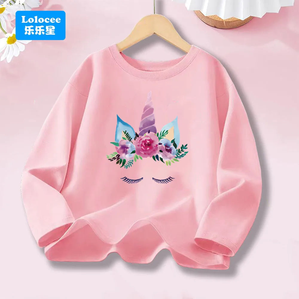 Girls Spring Autumn 8 colors Long Sleeve T-shirt Kids Floral Unicorn Graphic Tops Tee For Kids 3-14years DJSHH1