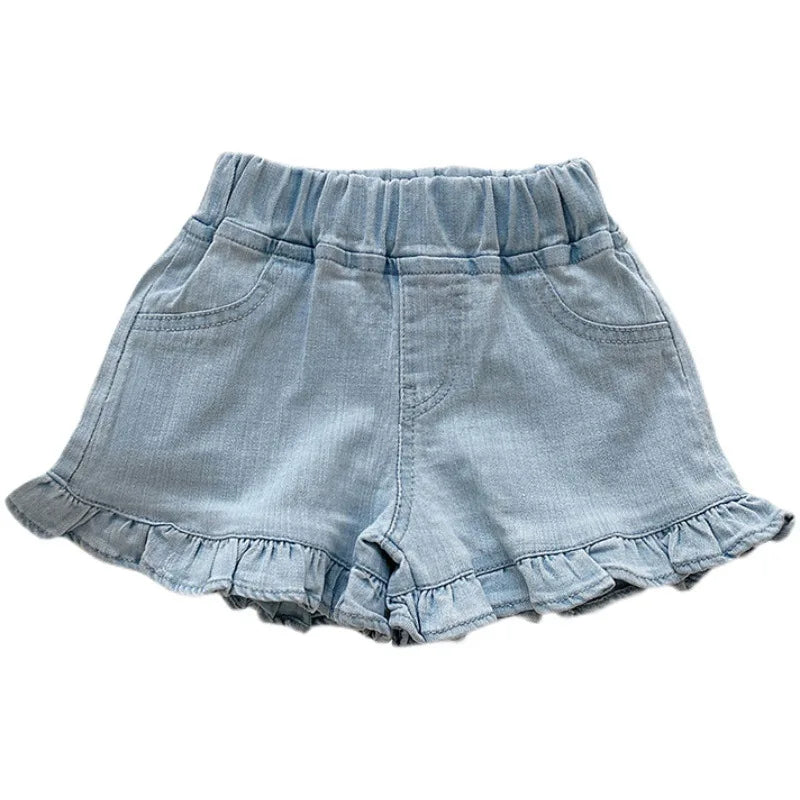 2025 New Kid's Shorts Fashion Girls Summer Denim Ruffle blue Jeans 2-7Y Children's Casual Daily Wear Pants