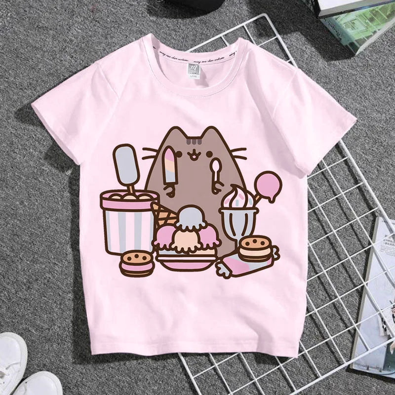 Summer Boys and Girls Children's T-shirt Cute Cat Cat Novel Cartoon Print Primary School Short Sleeve Parent-child Clothing