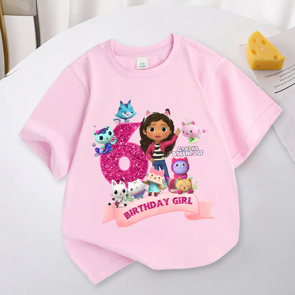 Gabbys Dollhouses Birthday Number T-shirt Girls White Pink Short Sleeve T-shirts Tops Cotton Summer Casual Party Supplies Tee