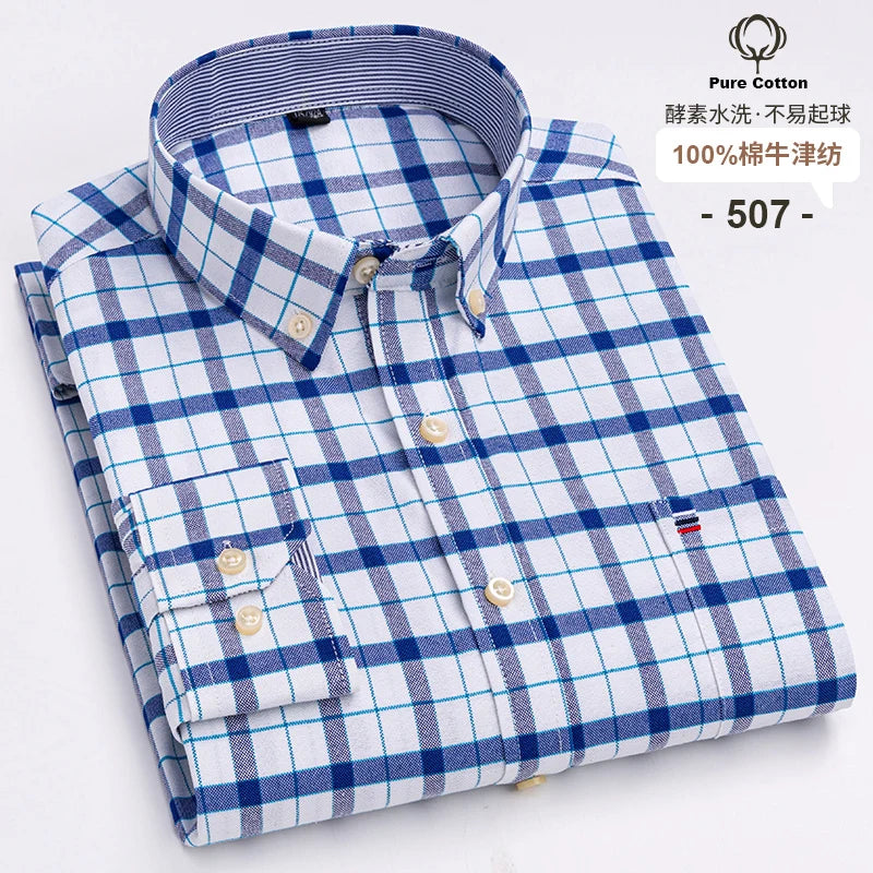 100% Cotton Oxford Men's Shirts Long Sleeves Plaid Soft Regular Fit Formal Dress Shirt Pocket Social Blouse Male Clothes S-7XL