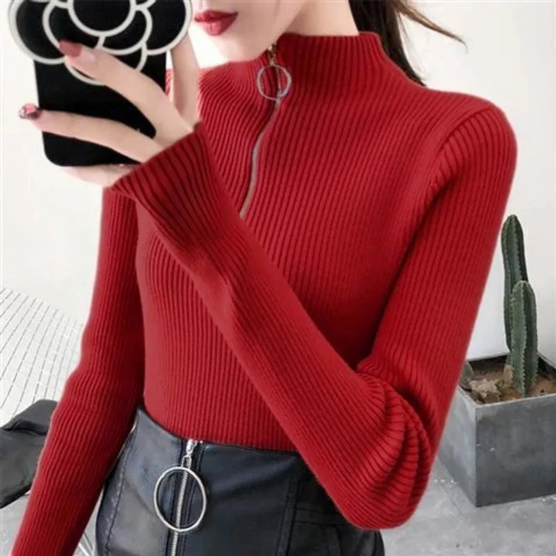 Basic High Neck Zipper Knit Sweater