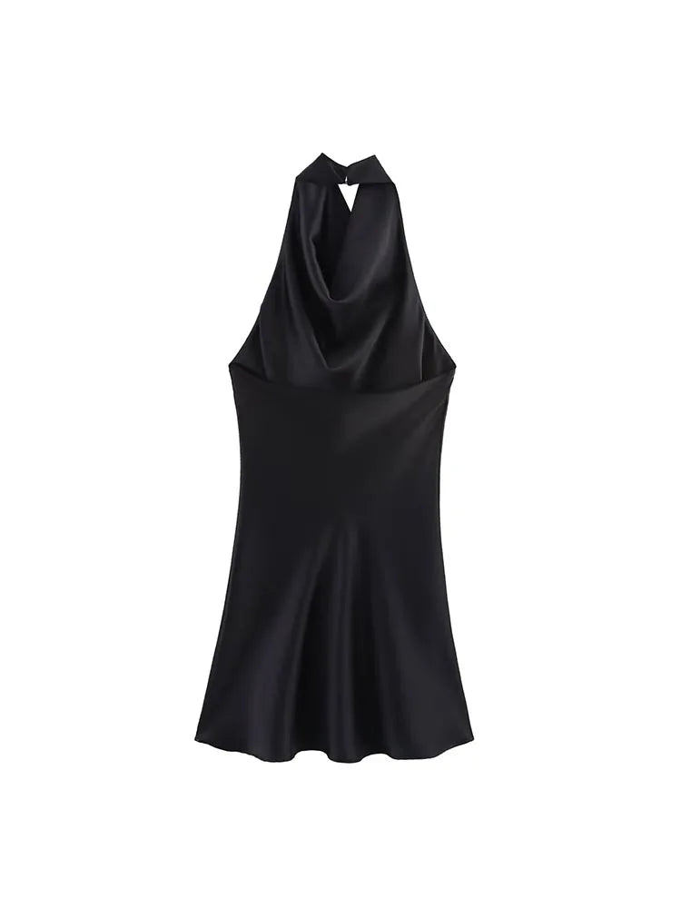 2025 Women Summer Halter Mini Dress Fashion Sexy Satin Backless Solid Female Elegant Street Party Dresses Clothing