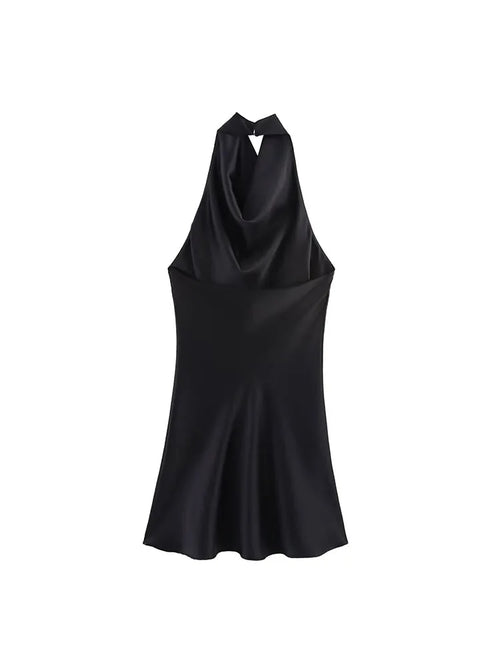 2025 Women Summer Halter Mini Dress Fashion Sexy Satin Backless Solid Female Elegant Street Party Dresses Clothing