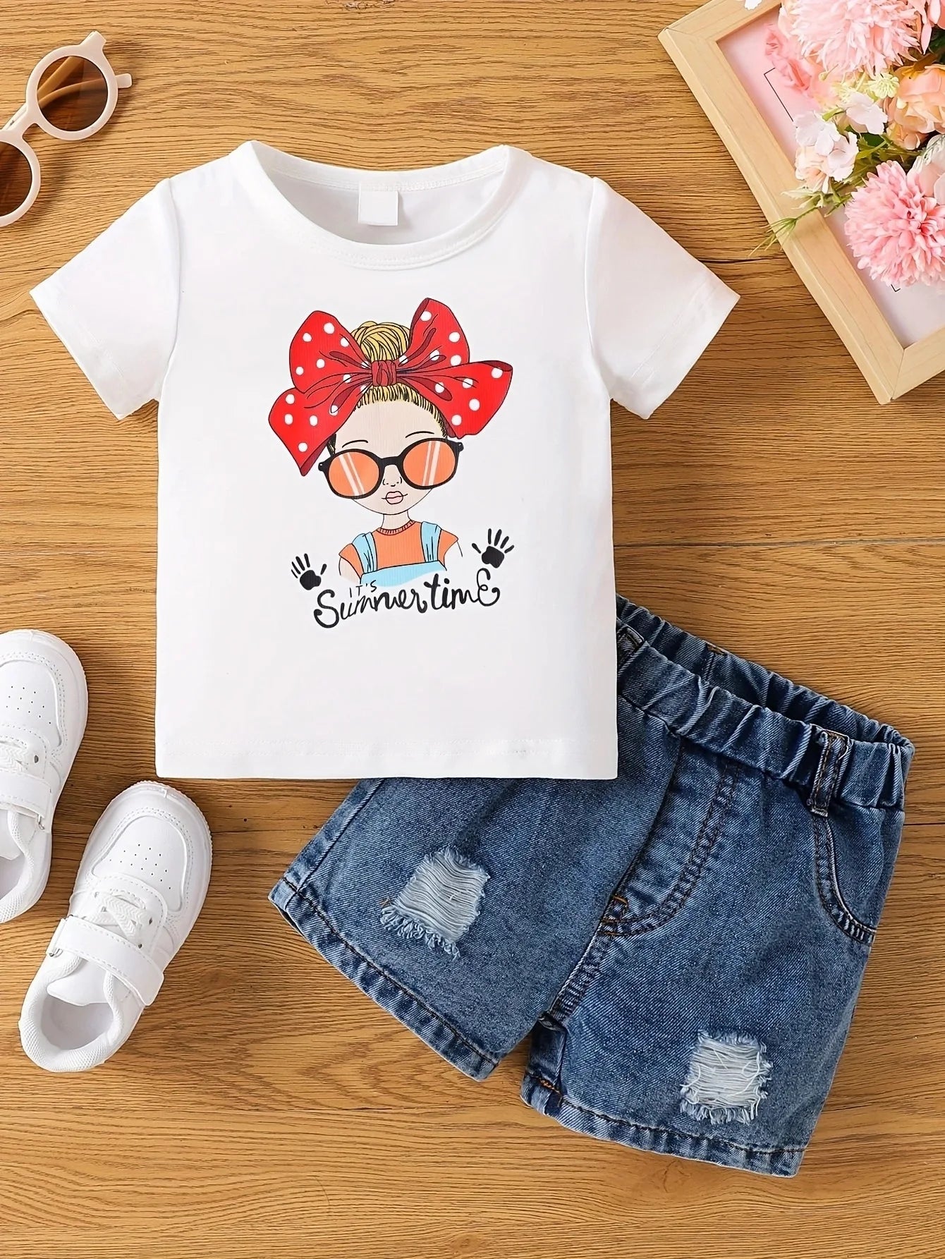 Aby Boys and Girls Summer Hot Painted Round Neck Short-sleeved Top Girls    Just T-shirts. Shorts not included