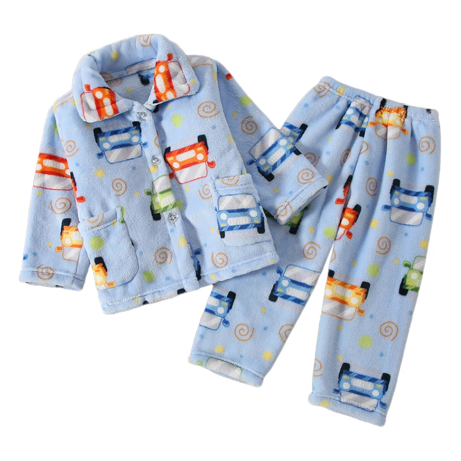 Cute Cartoon Pattern Coral Fleece Flannel Pajama Sets for Boys And Girls Long Sleeve Warm Comfortable Winter Sleepwear