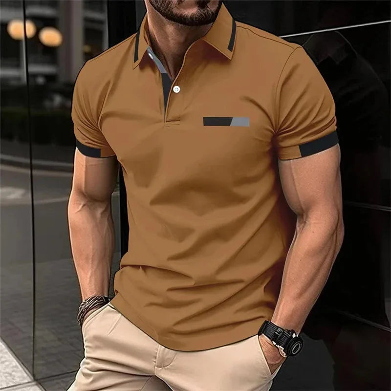 Men's fitness casual sports T-shirt, gym running sports elastic short-sleeved Polo shirt, lapel top, men's tight T-shirt
