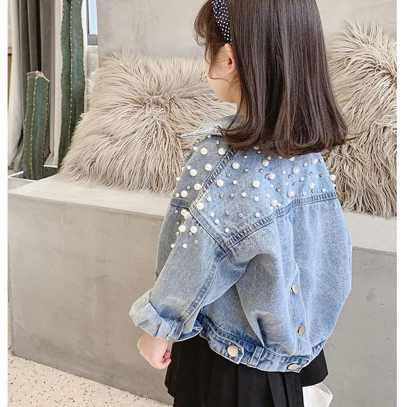 3-10 year old girl denim jacket 2025 new children's pearl long sleeved denim jacket baby Korean version personalized fashioncoat