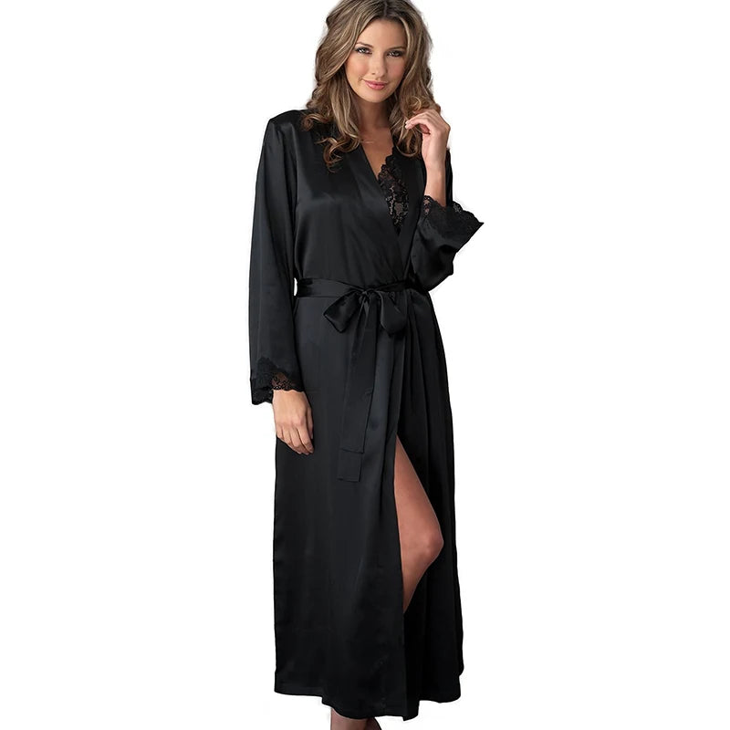 2019 New Solid Robes Women Black Red Long Sleeve Nightgown Ladies Girls Silk Satin Smooth Spring Lace Sleepwear Female Bathrobe