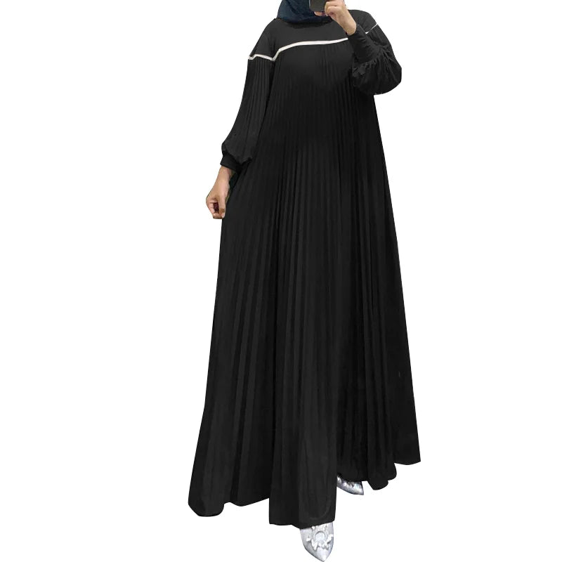 ZANZEA Muslim Women Color-Block Maxi Dress Plisse Patchwork Trendy Islamic Long Sleeve Abaya Robe Hijab O Neck Pleated Vestidos