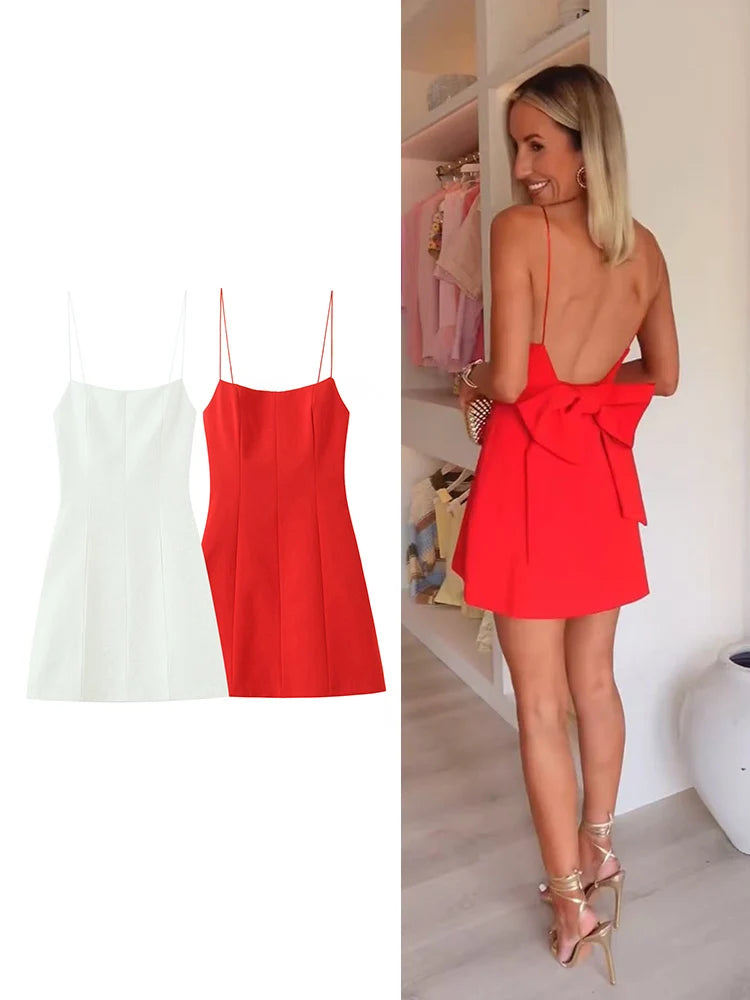 TFMLN New Women Big Bow Straps A-line Dress Summer Backless Sweet Solid Sleeveless Slimming Short Dresses Fashion Party Clothes