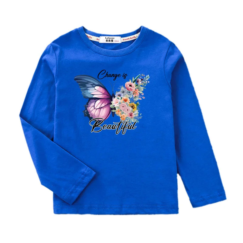 Children Long Sleeved T-shirt Butterfly Girl Fashion Top Spring Cotton Clothes Girls Butterfly Printed Tshirt 3-14T